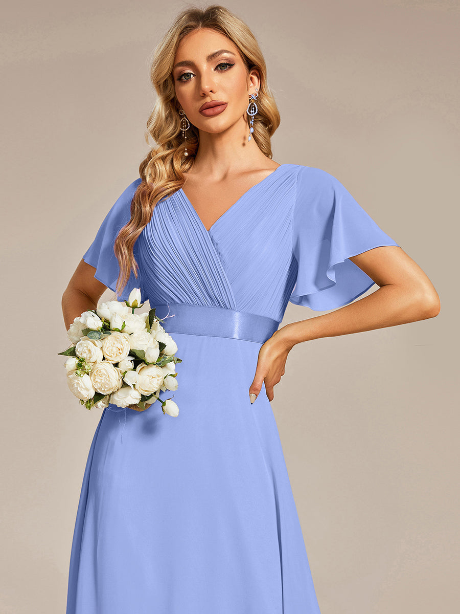 ever MONICA|Long Empire Waist Bridesmaid Dress with Short Flutter Sleeves