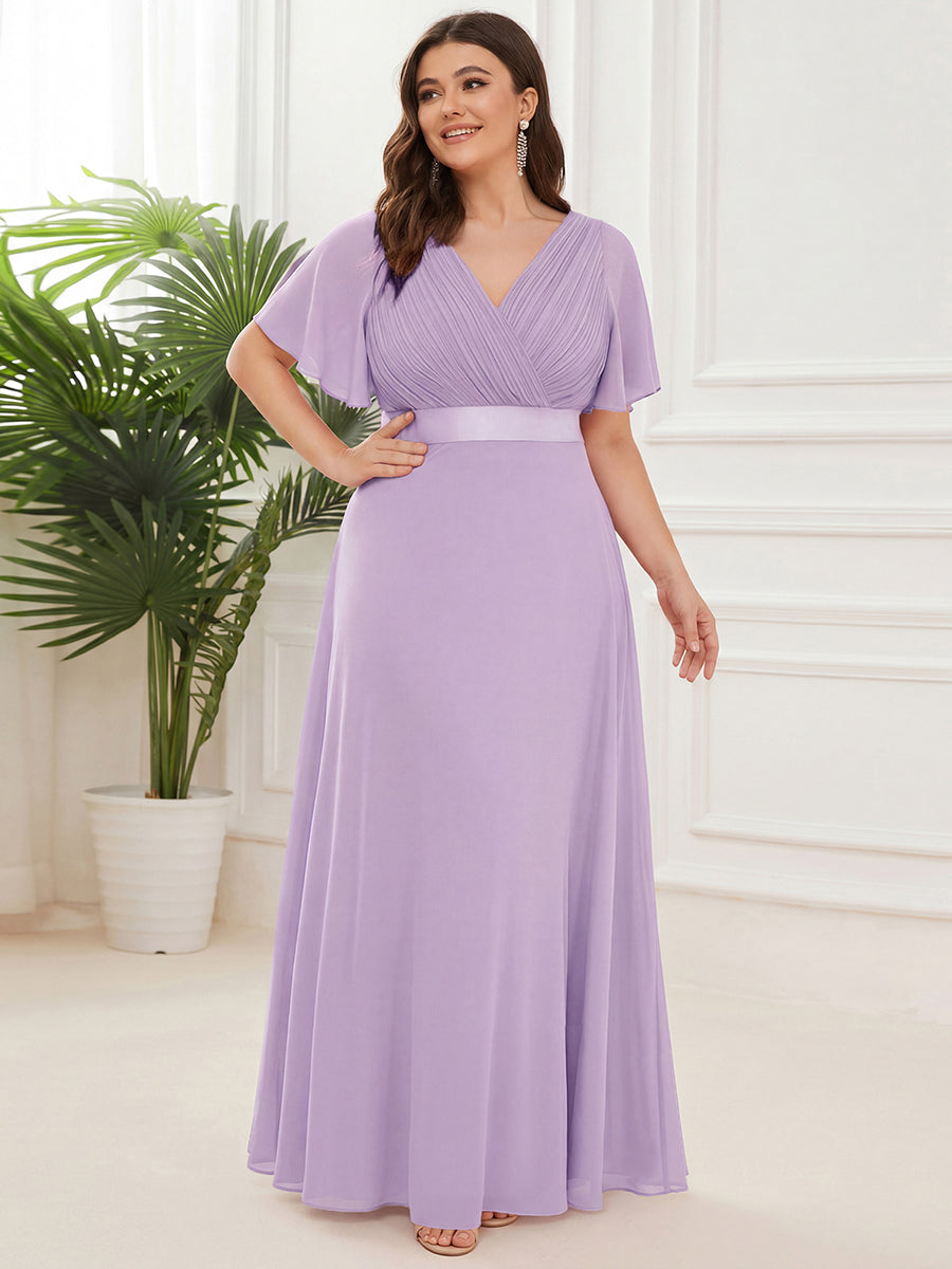 pretty MONICA|Plus Size Empire Waist V Back Bridesmaid Dress with Short Sleeves