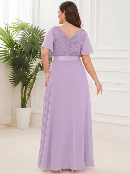 pretty MONICA|Plus Size Empire Waist V Back Bridesmaid Dress with Short Sleeves