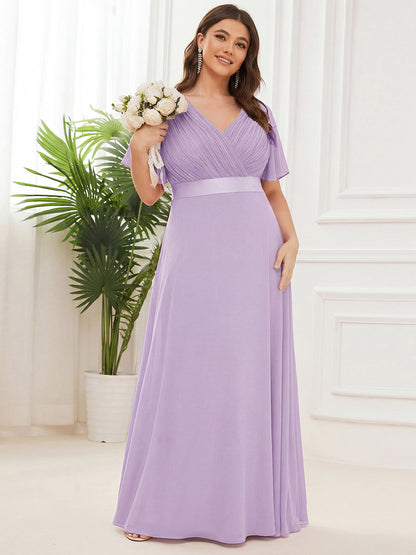 pretty MONICA|Plus Size Empire Waist V Back Bridesmaid Dress with Short Sleeves