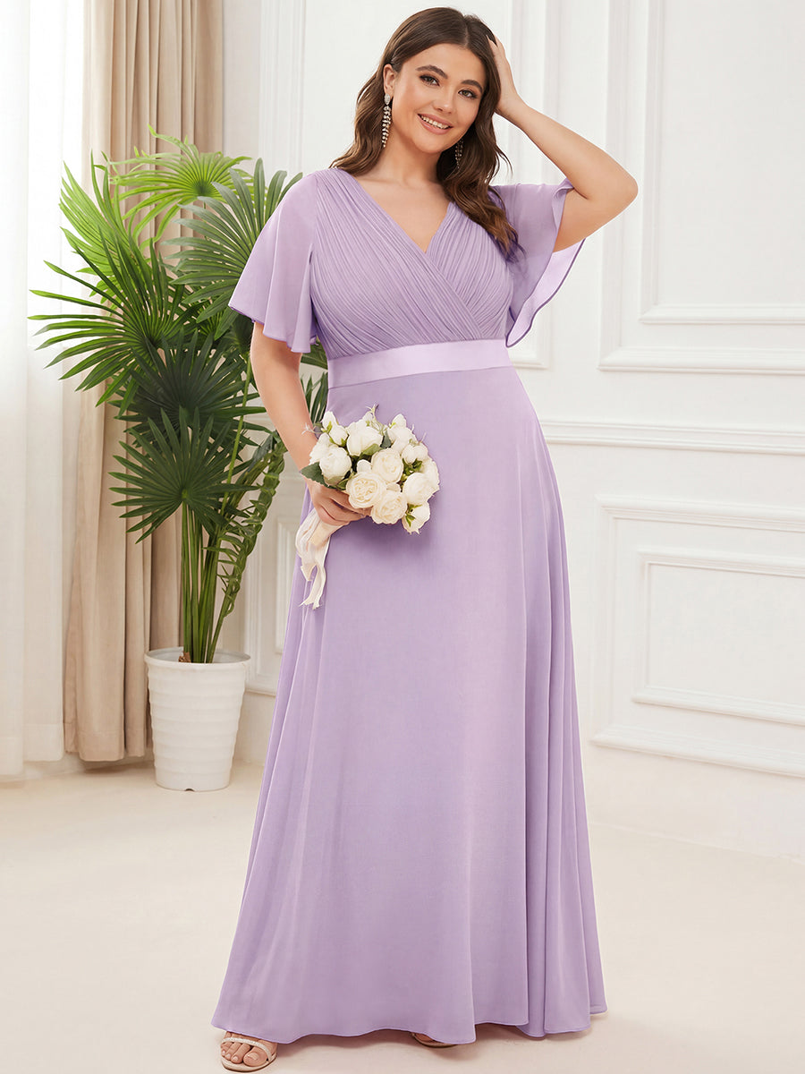 pretty MONICA|Plus Size Empire Waist V Back Bridesmaid Dress with Short Sleeves