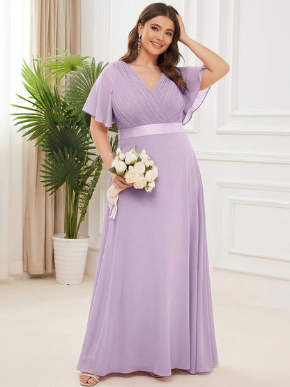 pretty MONICA|Plus Size Empire Waist V Back Bridesmaid Dress with Short Sleeves