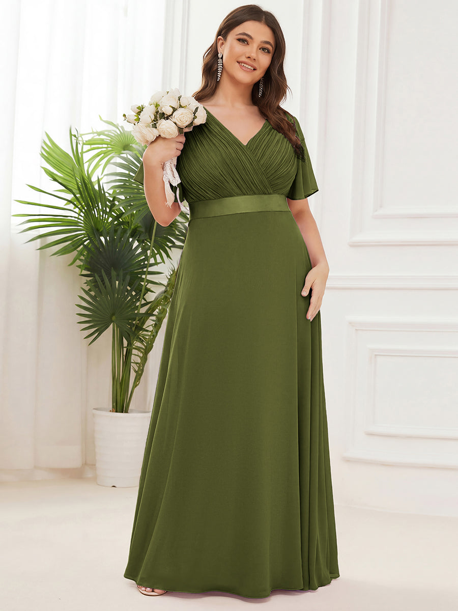 ever MONICA|Long Empire Waist Bridesmaid Dress with Short Flutter Sleeves