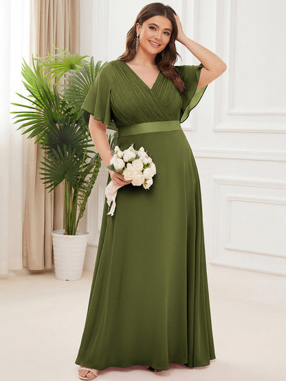 ever MONICA|Long Empire Waist Bridesmaid Dress with Short Flutter Sleeves