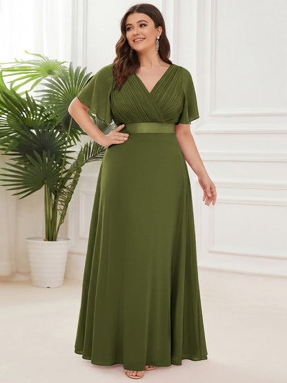 ever MONICA|Long Empire Waist Bridesmaid Dress with Short Flutter Sleeves