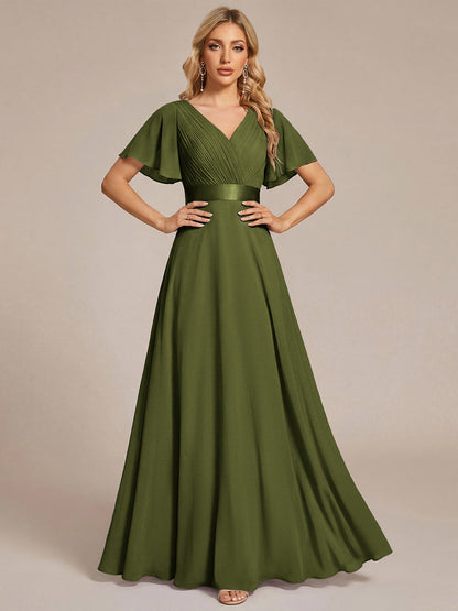 ever MONICA|Long Empire Waist Bridesmaid Dress with Short Flutter Sleeves