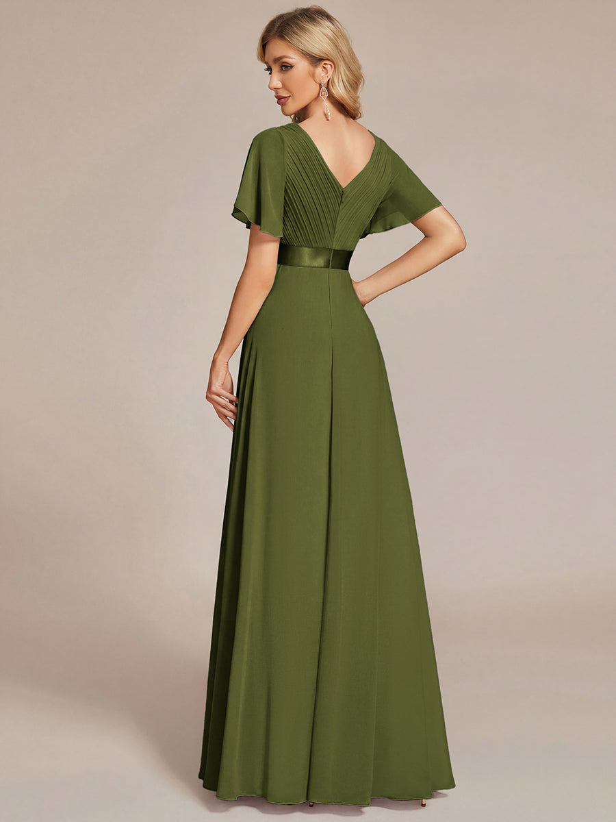 ever MONICA|Long Empire Waist Bridesmaid Dress with Short Flutter Sleeves