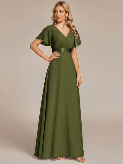ever MONICA|Long Empire Waist Bridesmaid Dress with Short Flutter Sleeves