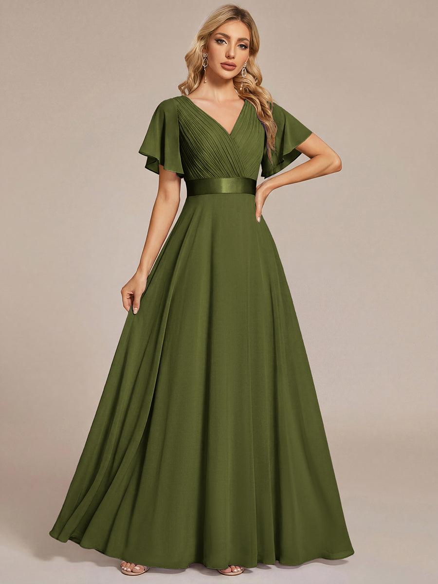 ever MONICA|Long Empire Waist Bridesmaid Dress with Short Flutter Sleeves
