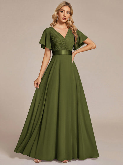 ever MONICA|Long Empire Waist Bridesmaid Dress with Short Flutter Sleeves