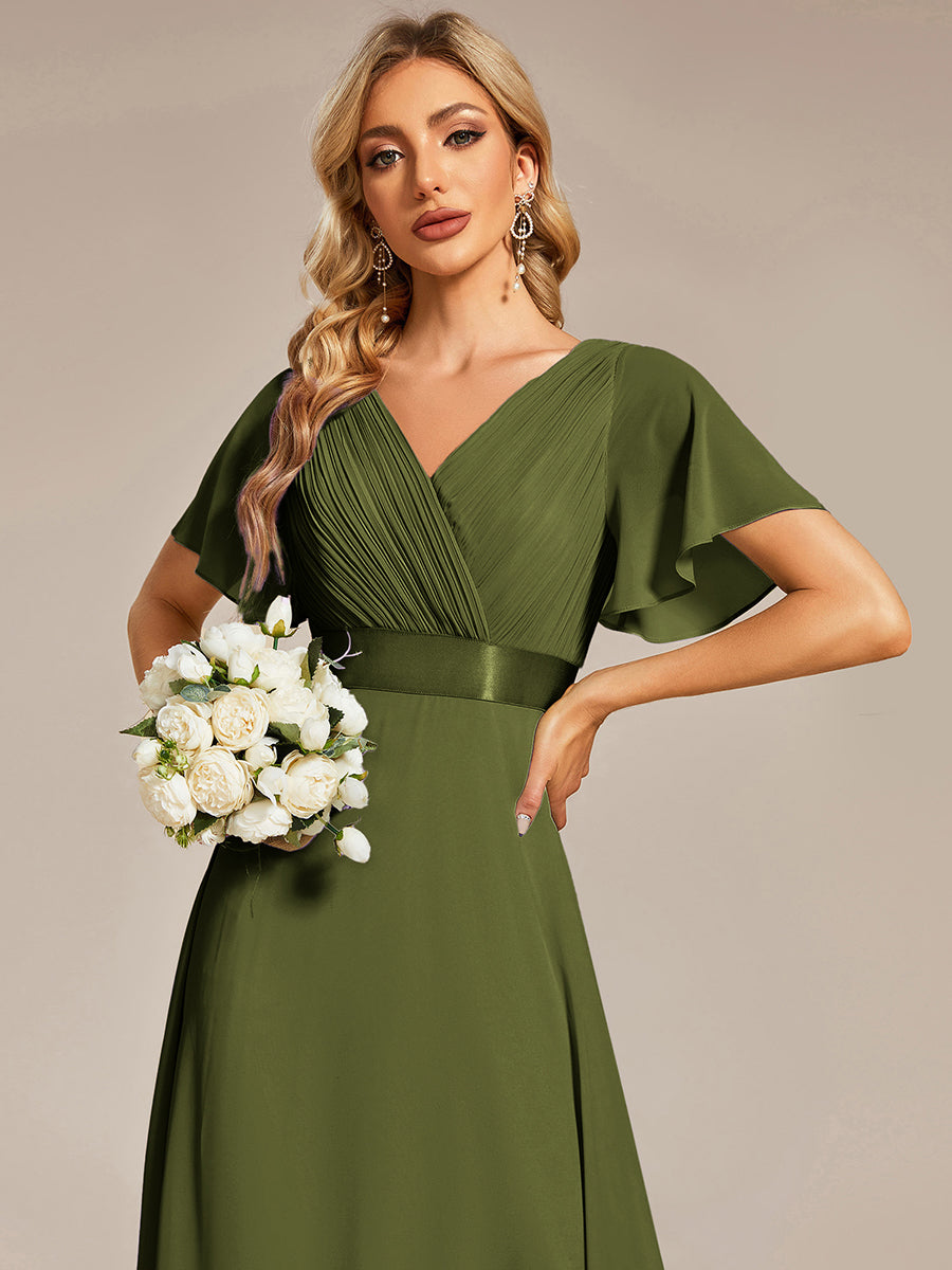 ever MONICA|Long Empire Waist Bridesmaid Dress with Short Flutter Sleeves