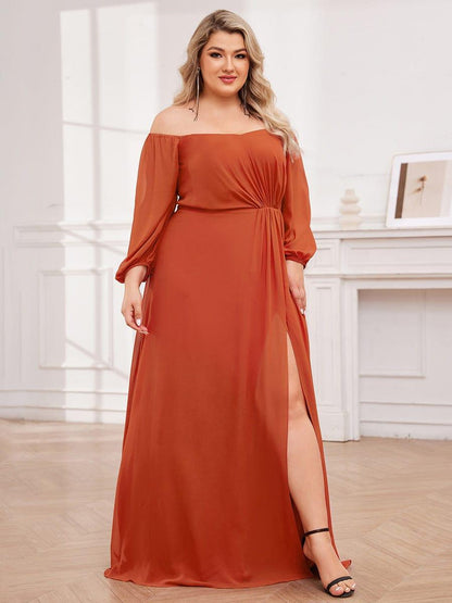 ever DANICA|High-Slit Waist Pleated Off Shoulder Chiffon Bridesmaid Dress with Long Sleeves