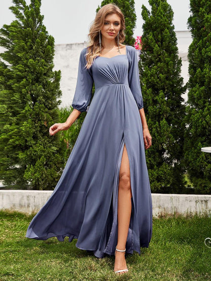 ever DANICA|High-Slit Waist Pleated Off Shoulder Chiffon Bridesmaid Dress with Long Sleeves