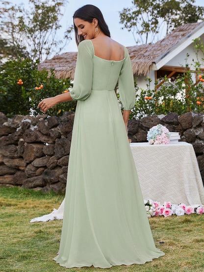 ever DANICA|High-Slit Waist Pleated Off Shoulder Chiffon Bridesmaid Dress with Long Sleeves