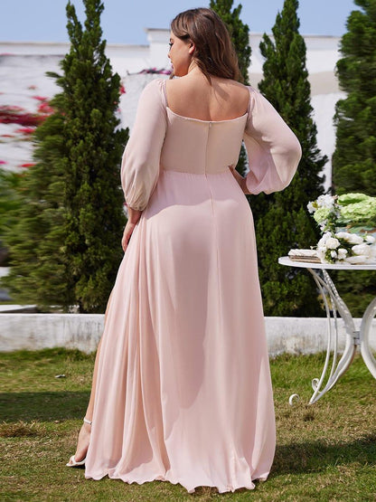 pretty DANICA|Plus Size High-Slit Waist Pleated Bridesmaid Dress with Long Sleeves