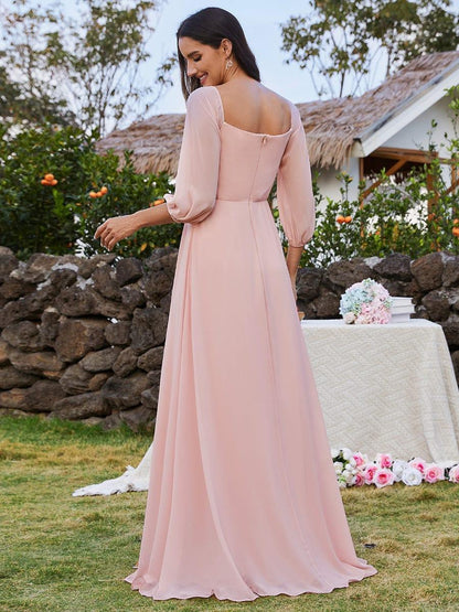 ever DANICA|High-Slit Waist Pleated Off Shoulder Chiffon Bridesmaid Dress with Long Sleeves