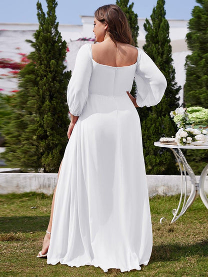 ever DANICA|High-Slit Waist Pleated Off Shoulder Chiffon Bridesmaid Dress with Long Sleeves