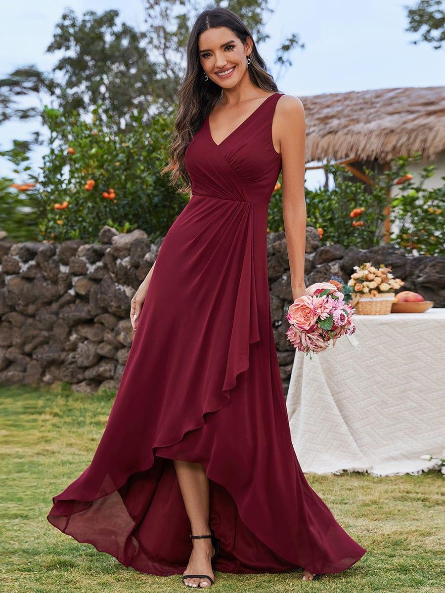 ever CARMEL|Chic High-Low V-Neck Chiffon Bridesmaid Dress with Front Pleating