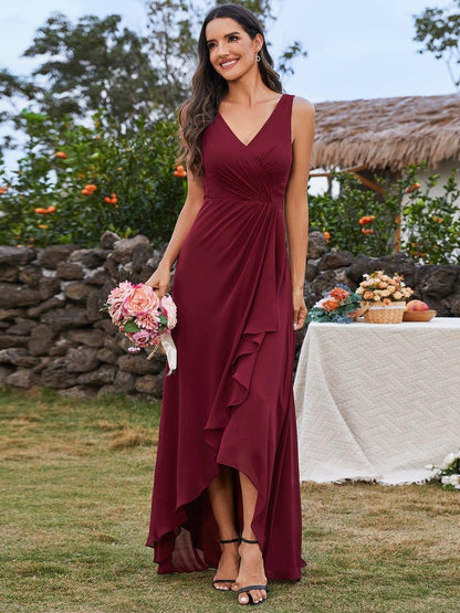 ever CARMEL|Chic High-Low V-Neck Chiffon Bridesmaid Dress with Front Pleating
