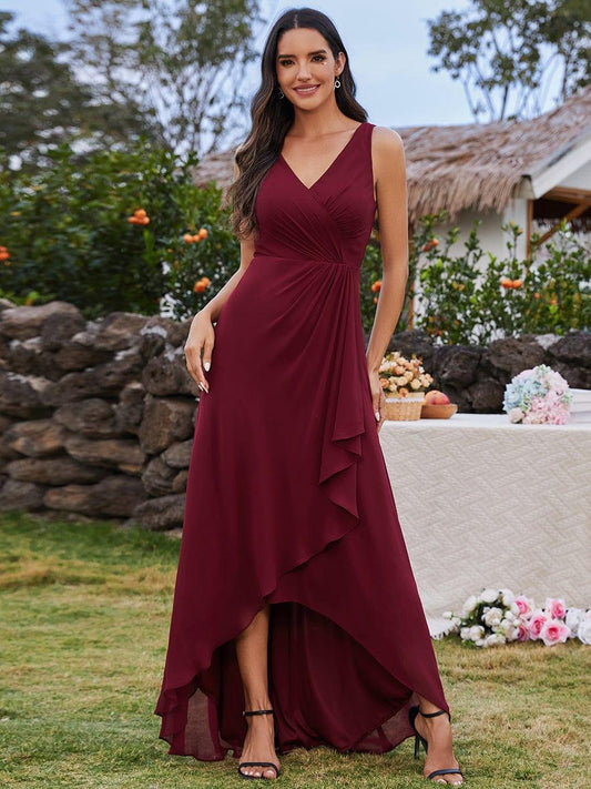 ever CARMEL|Chic High-Low V-Neck Chiffon Bridesmaid Dress with Front Pleating