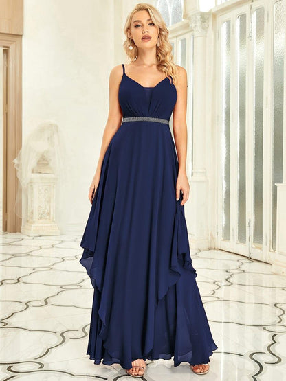 ever CLEMENT|Ruffle Hem and Pearl Waist Detail V-Neck Backless Chiffon Bridesmaid Dress