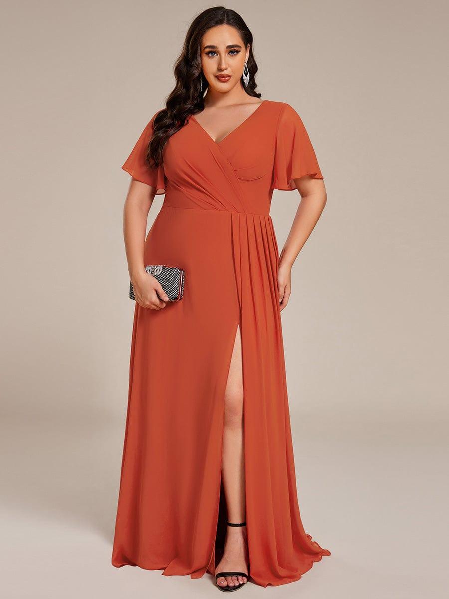 ever LINDEN|High Slit V-Neck Chiffon High Waist Bridesmaid Dress with Ruffle Sleeve