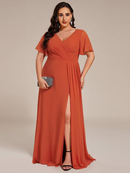 ever LINDEN|High Slit V-Neck Chiffon High Waist Bridesmaid Dress with Ruffle Sleeve