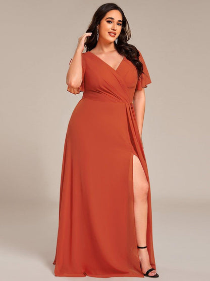 ever LINDEN|High Slit V-Neck Chiffon High Waist Bridesmaid Dress with Ruffle Sleeve