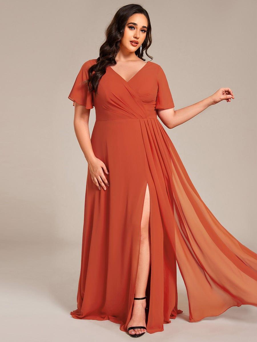 ever LINDEN|High Slit V-Neck Chiffon High Waist Bridesmaid Dress with Ruffle Sleeve