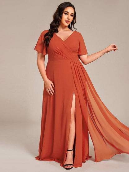 ever LINDEN|High Slit V-Neck Chiffon High Waist Bridesmaid Dress with Ruffle Sleeve
