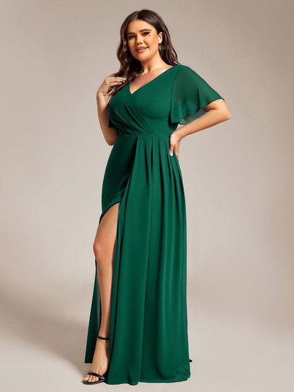 ever LINDEN|High Slit V-Neck Chiffon High Waist Bridesmaid Dress with Ruffle Sleeve