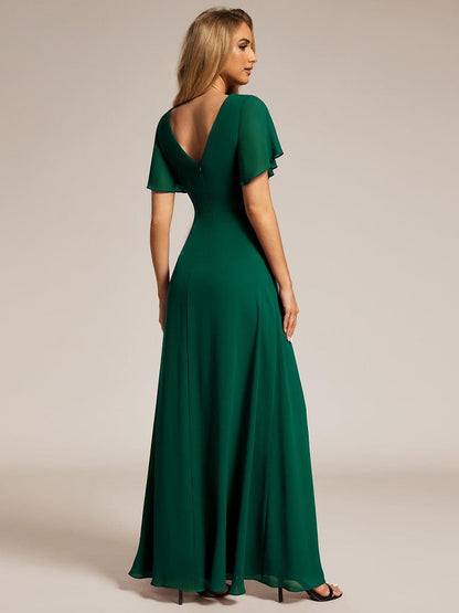 ever LINDEN|High Slit V-Neck Chiffon High Waist Bridesmaid Dress with Ruffle Sleeve