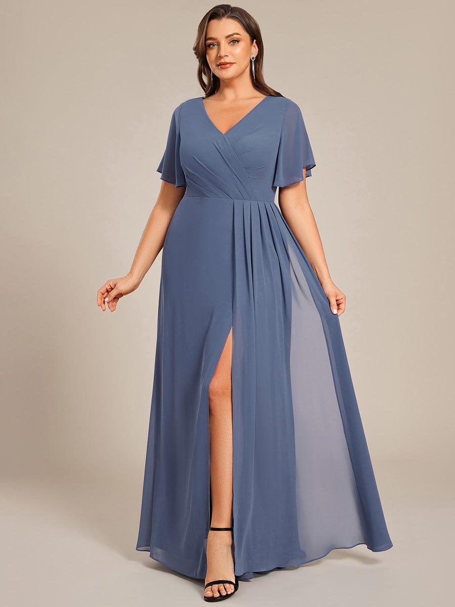 ever LINDEN|High Slit V-Neck Chiffon High Waist Bridesmaid Dress with Ruffle Sleeve