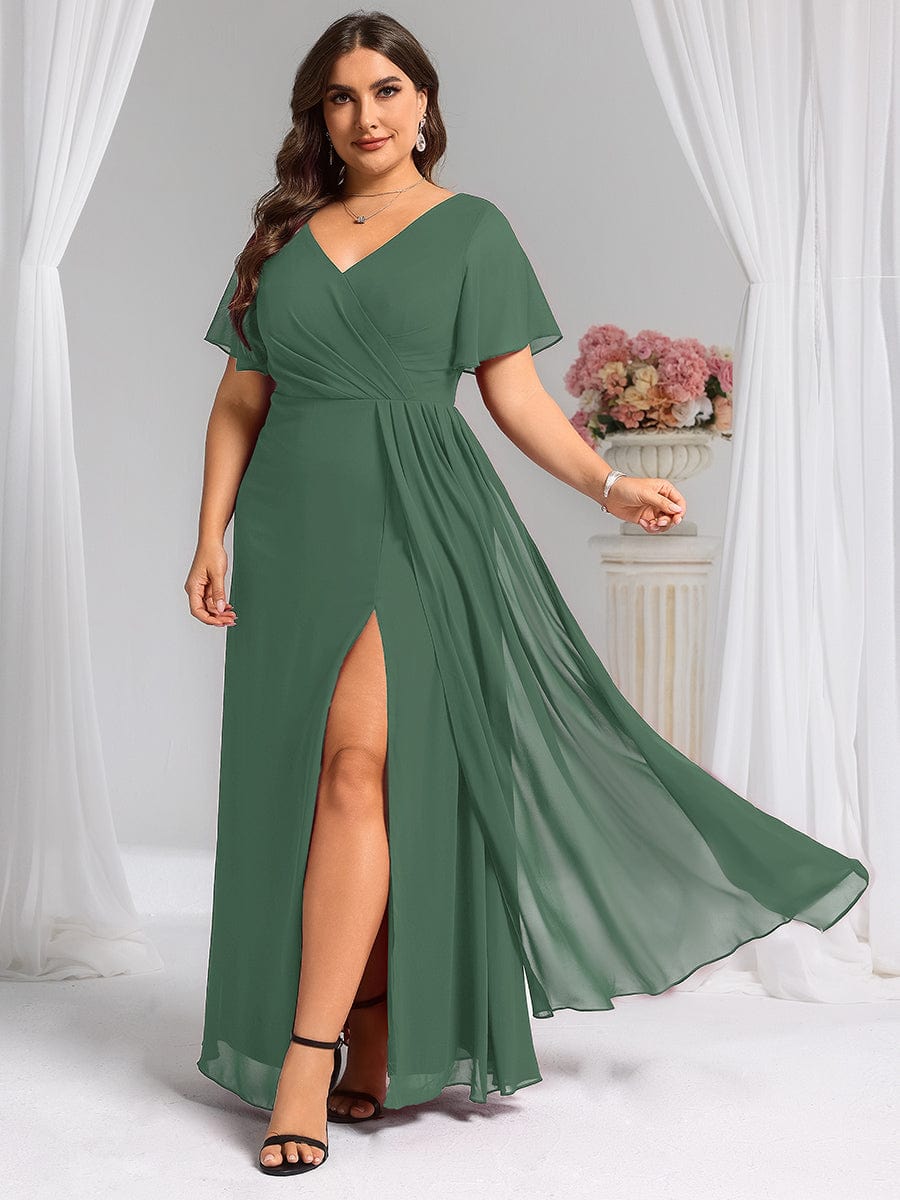 ever LINDEN|High Slit V-Neck Chiffon High Waist Bridesmaid Dress with Ruffle Sleeve