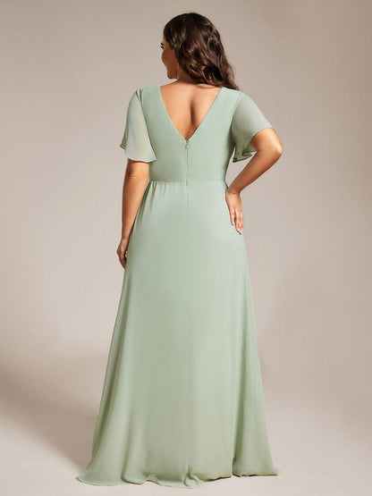 ever LINDEN|High Slit V-Neck Chiffon High Waist Bridesmaid Dress with Ruffle Sleeve