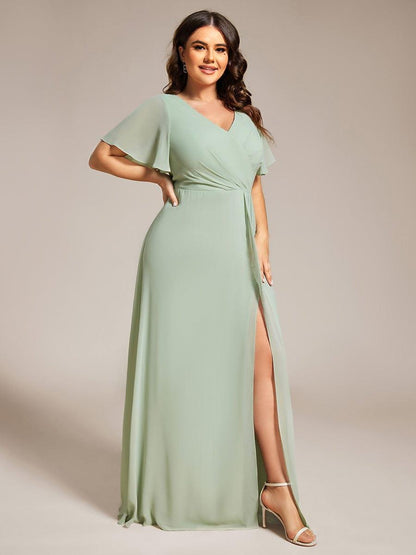 ever LINDEN|High Slit V-Neck Chiffon High Waist Bridesmaid Dress with Ruffle Sleeve