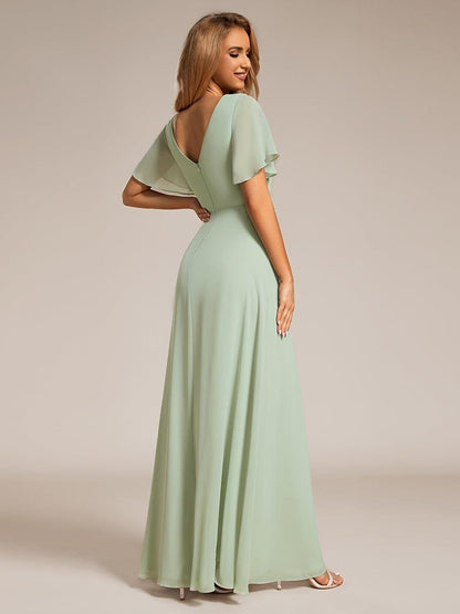 ever LINDEN|High Slit V-Neck Chiffon High Waist Bridesmaid Dress with Ruffle Sleeve
