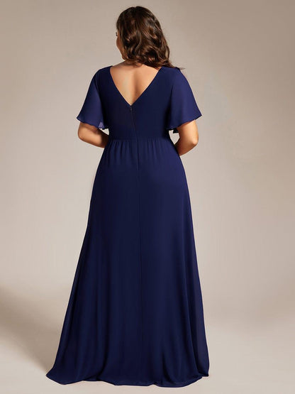 ever LINDEN|High Slit V-Neck Chiffon High Waist Bridesmaid Dress with Ruffle Sleeve
