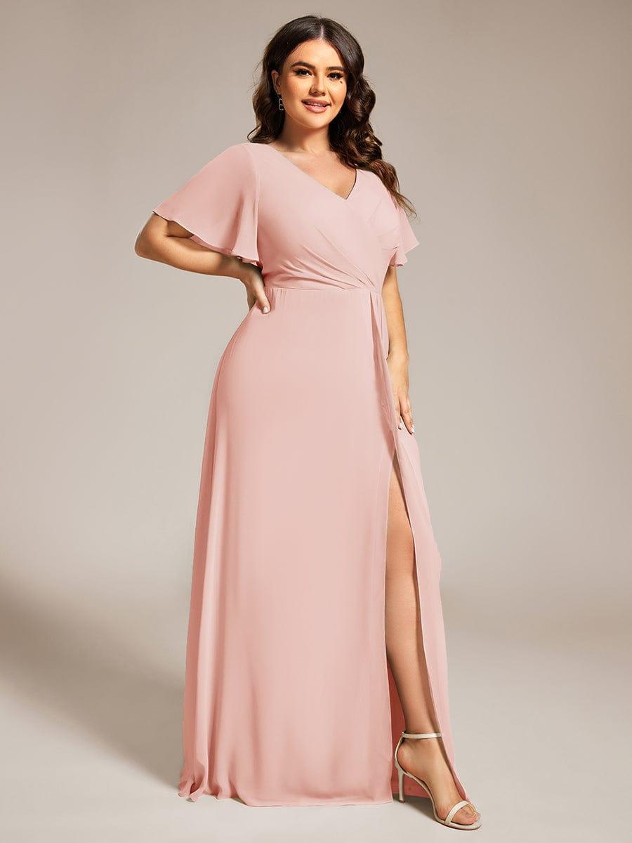 ever LINDEN|High Slit V-Neck Chiffon High Waist Bridesmaid Dress with Ruffle Sleeve