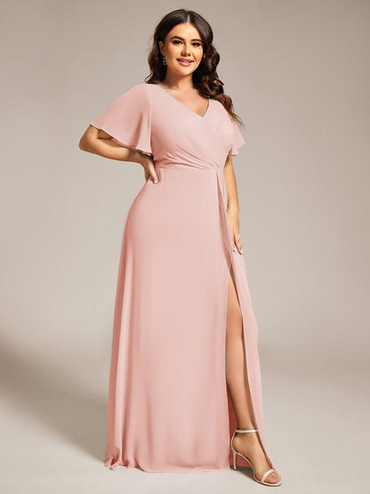 ever LINDEN|High Slit V-Neck Chiffon High Waist Bridesmaid Dress with Ruffle Sleeve
