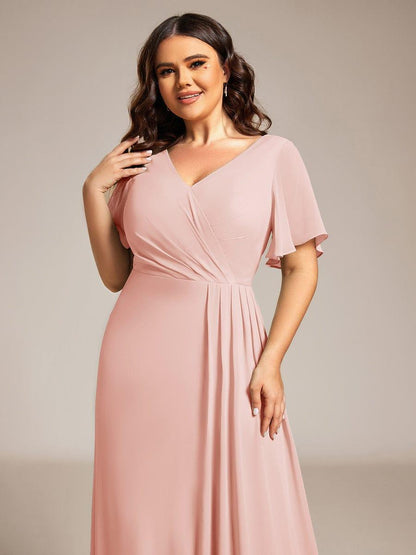 ever LINDEN|High Slit V-Neck Chiffon High Waist Bridesmaid Dress with Ruffle Sleeve