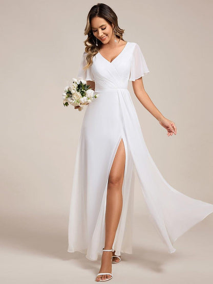 ever LINDEN|High Slit V-Neck Chiffon High Waist Bridesmaid Dress with Ruffle Sleeve