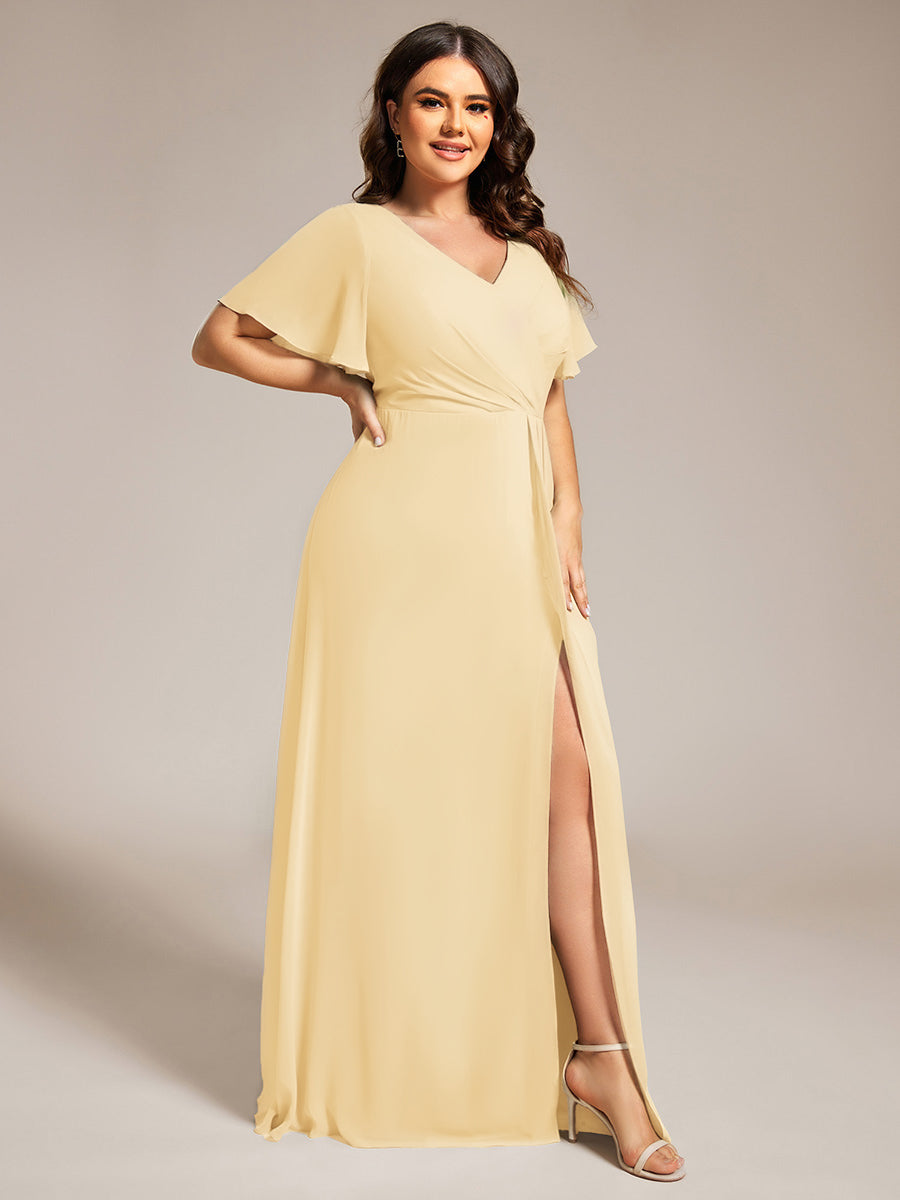 ever LINDEN|High Slit V-Neck Chiffon High Waist Bridesmaid Dress with Ruffle Sleeve