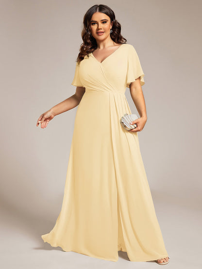 ever LINDEN|High Slit V-Neck Chiffon High Waist Bridesmaid Dress with Ruffle Sleeve