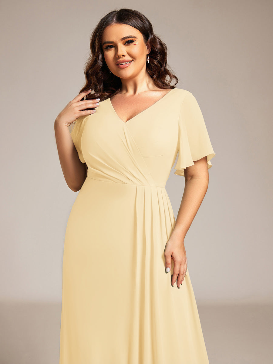 ever LINDEN|High Slit V-Neck Chiffon High Waist Bridesmaid Dress with Ruffle Sleeve