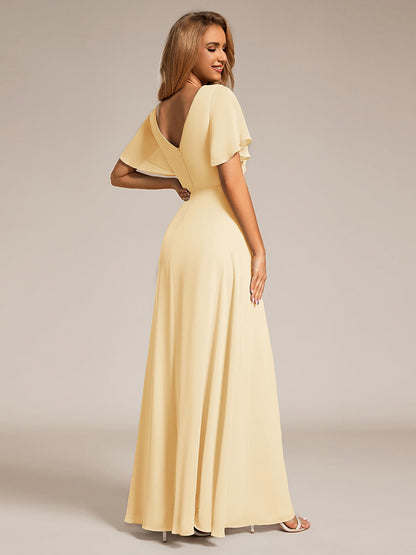 ever LINDEN|High Slit V-Neck Chiffon High Waist Bridesmaid Dress with Ruffle Sleeve