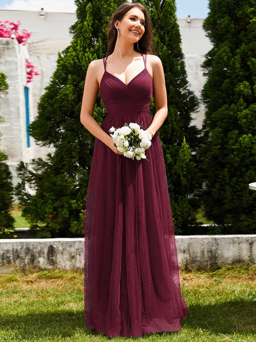 ever JAYCEE|Chic Lace Sheer Back and Cross Straps V-Neck Sleeveless Bridesmaid Dress