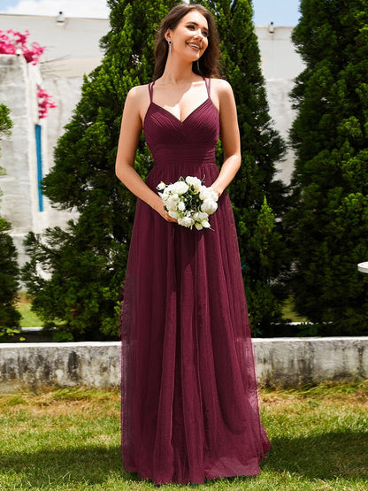 ever JAYCEE|Chic Lace Sheer Back and Cross Straps V-Neck Sleeveless Bridesmaid Dress