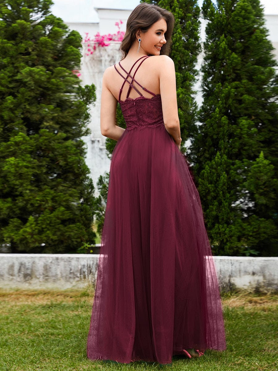 ever JAYCEE|Chic Lace Sheer Back and Cross Straps V-Neck Sleeveless Bridesmaid Dress