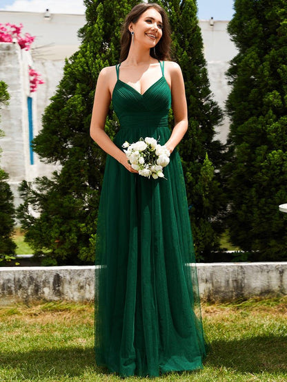 ever JAYCEE|Chic Lace Sheer Back and Cross Straps V-Neck Sleeveless Bridesmaid Dress